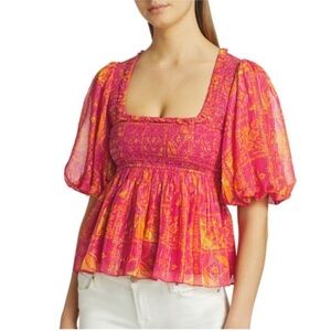 HEMANT & NANDITA Smocked Puff-Sleeve Top (Large)